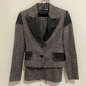Gai Mattiolo Jacket & Skirt Suit in Herringbone Wool Blend & Embossed Leather.